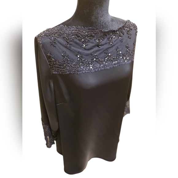 Saint John Black Satin, Lace, Jeweled Blouse / Shirt, Pants, and Belt Size 16 - Picture 3 of 9